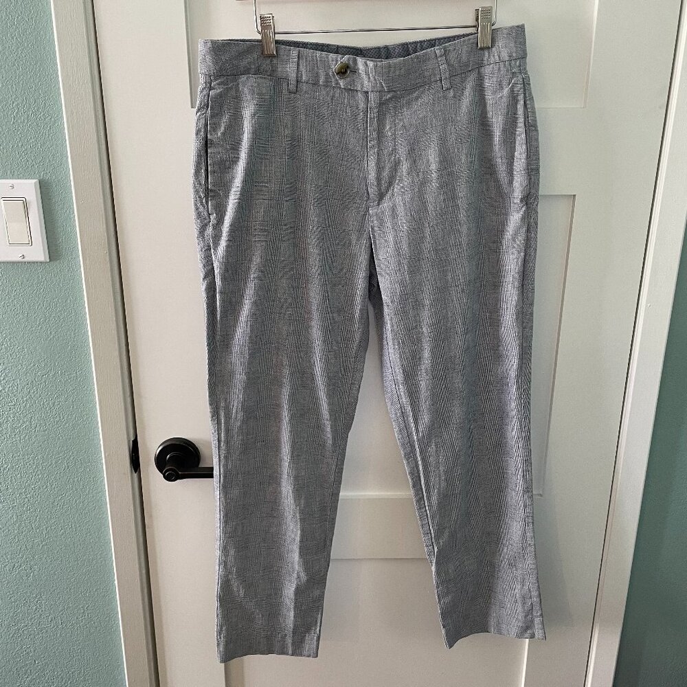 Bonobos Gray Blue Glen Plaid Athletic Fit 33/28 Cotton Linen Blend Chino Trouser